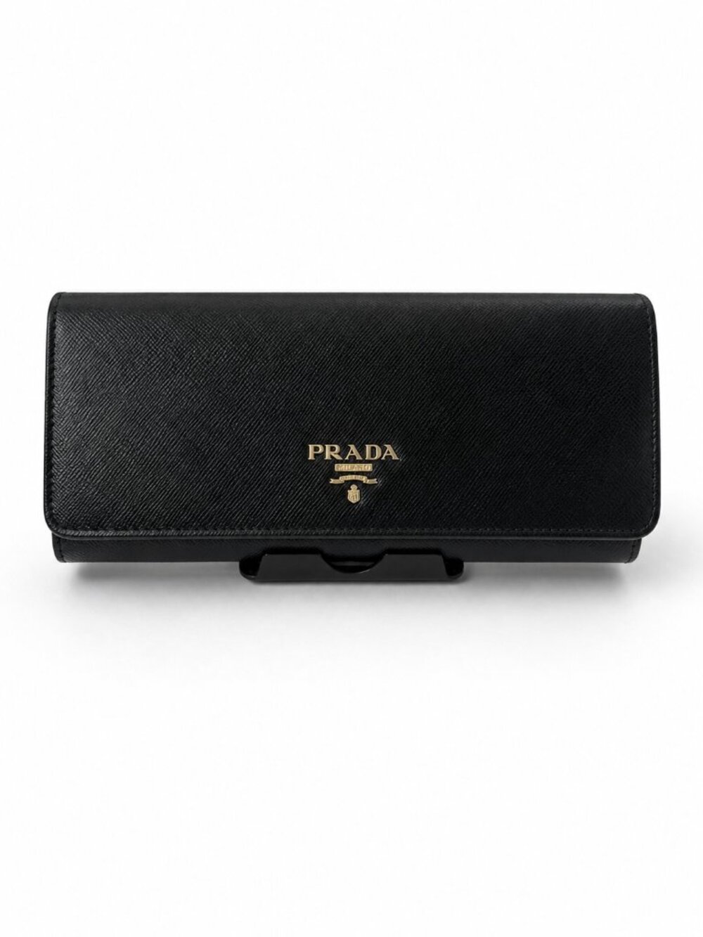 Prada Saffiano Leather Black Wallet Pink Interior Gold Logo Continental Zip Pock